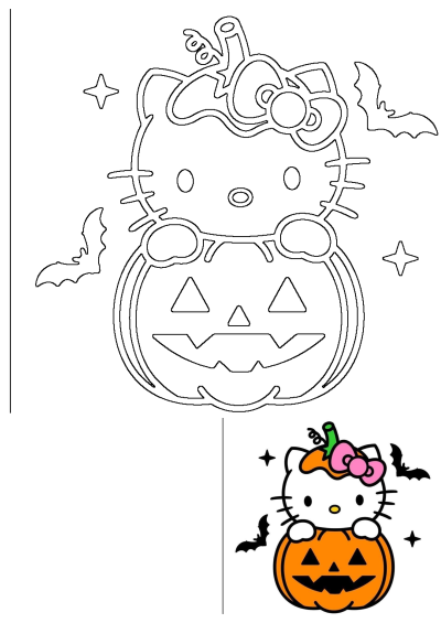 Hello Kitty in a Halloween pumpkin with bats and stars, perfect for festive decorations and holiday fun. 
