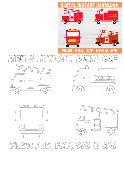 Digital art download showing four firetrucks with different colors and sizes, all in the same style. PNG, DXF, SVG, and JPG files included.