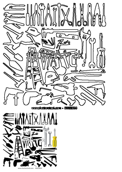 Silhouettes of various tools in black and white, with yellow accents, shown in the image. Includes wrenches, screwdrivers, saws, and more.