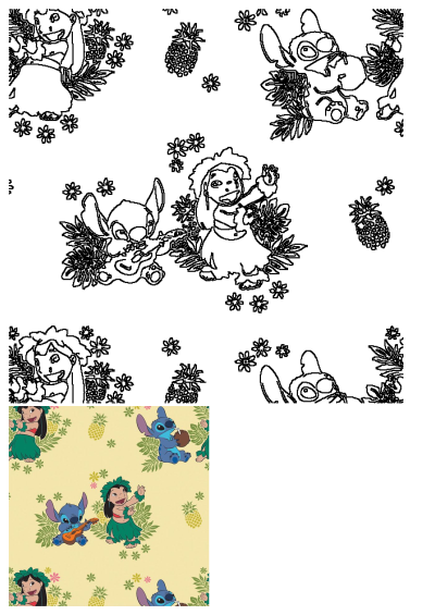 Cartoon Stitch and Lilo play on a yellow background with pineapples and flowers. Hawaiian-themed, fun, and playful illustration.