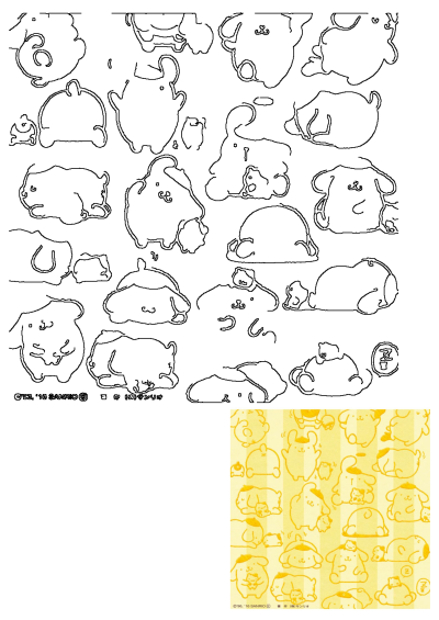 A yellow and white background with many different cartoon animals, Sanrio's Pom Pom Purin and his friends, in various poses. Cute pattern.