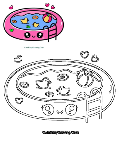 Cartoon image of a pool with rubber ducks and hearts, with a cute face at the bottom, floating on a white background. 