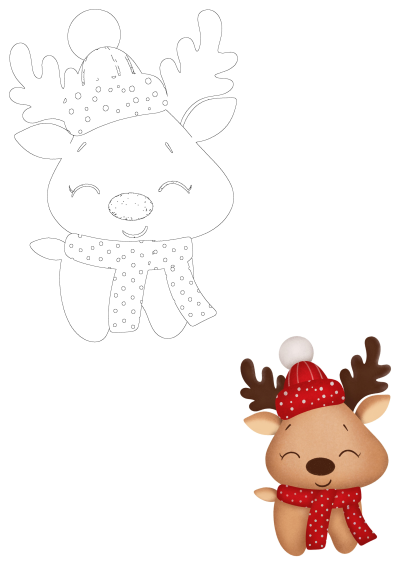 A cheerful cartoon reindeer wearing a red polka-dot hat and scarf, presented as a vibrant illustration and a clean outline for projects.