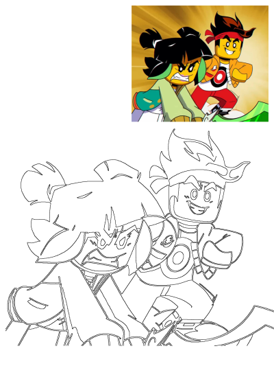 Image of Lego Monkie Kid cartoon characters, Mei and Monkie Kid, stacked on top of each other. Cartoon characters with yellow skin.