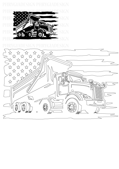 A black and white vector graphic of a dump truck with an american flag design across the back. Patriotic heavy equipment illustration.