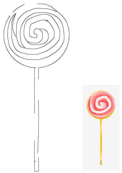 Sweet treat illustration: A pink and yellow lollipop with a spiral pattern, presented on a stick, perfect for candy lovers.