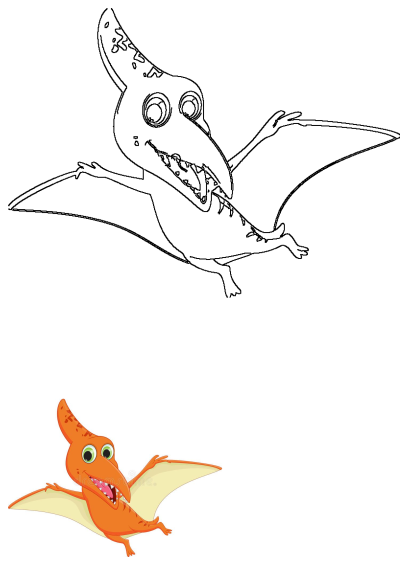 Cartoon image of a flying orange pterodactyl dinosaur with big eyes and large teeth. Royalty free vector illustration. 
