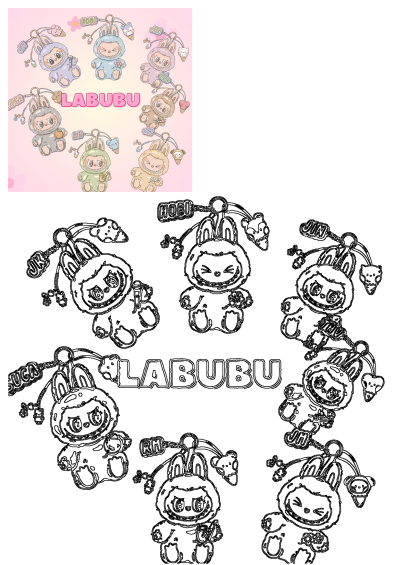 Labubu surrounded by cute cartoon animals and BTS names on a pink background. Adorable illustration perfect for fans of Labubu and the K-pop group, BTS.