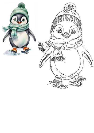 Adorable penguin wearing a green hat and scarf. This charming illustration features a cute penguin ice skating in winter attire. 