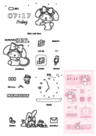 Pink My Melody themed desktop, showcasing date, time, countdown to New Year's Eve, and custom icons for phone and message.
