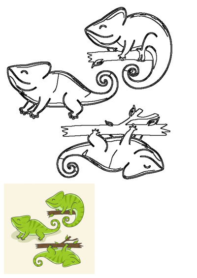 Hand-drawn chameleon logo, retro vintage vector design showing three cute green chameleons hanging out on branches. #handdrawnlogo