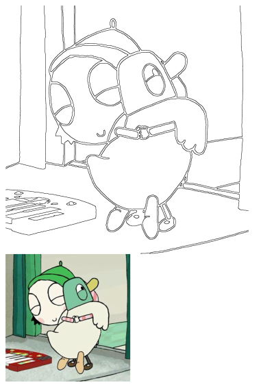 Animated image of Molang hugging a pigeon character. A red toy piano sits nearby, within a simple, colorful cartoon background.