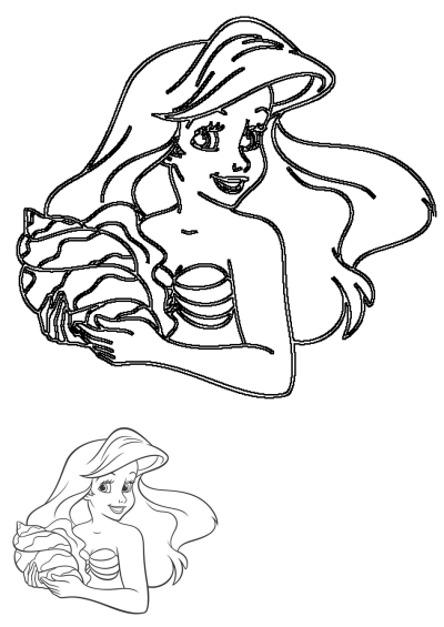 Disney's princess Ariel coloring page, the little mermaid with her hair blowing in the wind, holding a seashell. 