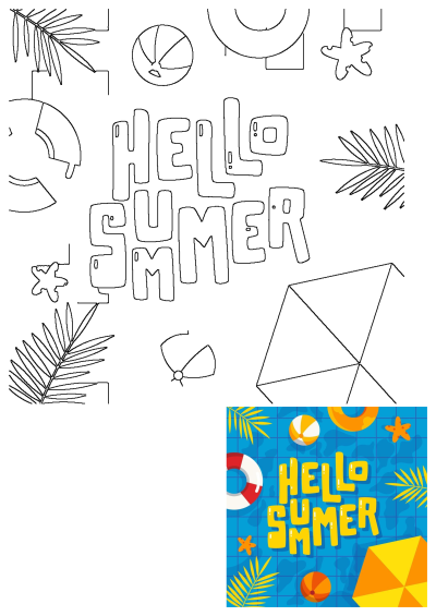 Hello summer image: The words "Hello Summer" are surrounded by beach accessories like balls, umbrellas and palm leaves on a blue background.