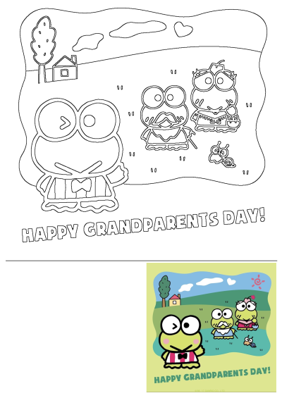 Happy Grandparents Day cartoon illustration featuring frog and toad characters in a cute, whimsical scene with a pond in the background.