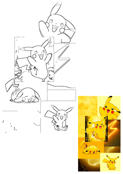 Collage of Pikachu illustrations with lightning effects. Some pictures of pikachu with lightning in the background.