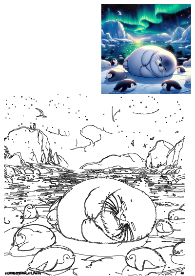 A cute seal lounging on an ice floe surrounded by penguins, under the magical glow of the Northern Lights. A whimsical Arctic scene.