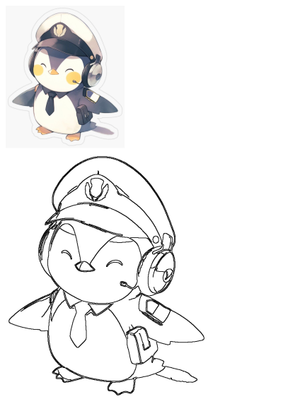 Adorable illustration of a cute penguin with headphones and a pilot hat, wearing a uniform with a tie and a small bag. The illustration style is anime-inspired.