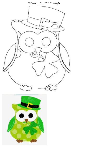 A green owl wearing a green hat with a yellow buckle, and holding a shamrock in place of a bow tie for St. Patrick's Day.