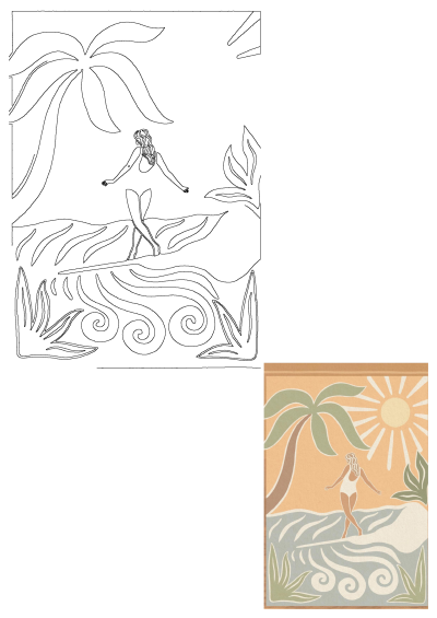 A woman surfing in front of a palm tree under a sunny sky. A stylized illustration of a woman standing on top of a wave in a tropical landscape.