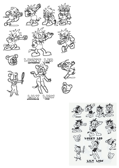 Vintage cartoon design by Vince Cafarelli features Lucky Leo and Lily Lion characters. Cartoon style drawing from Michael Sporn Animation Splog.