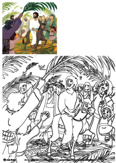 Jesus riding a donkey into Jerusalem, greeted by cheering crowds waving palm branches. Cartoon illustration of Palm Sunday. 