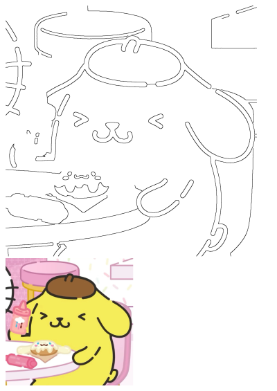 A cartoon bear, Pompompurin, holds a baby bottle in front of a table with a Cinnamoroll-shaped sweet treat and other items on it.