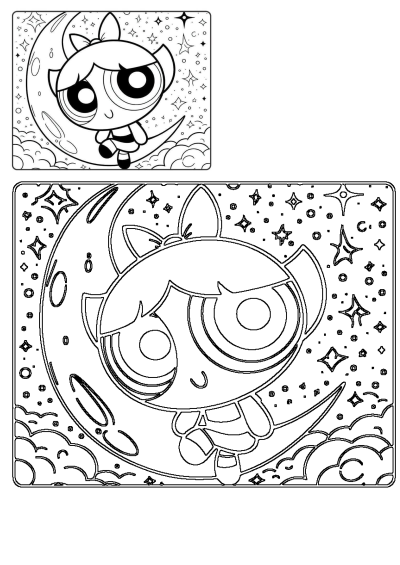 Coloring page with one of the Powerpuff Girls sitting on a moon. Fun activity for kids. Pinterest in 2025.