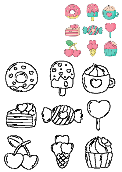 Cute sticker ideas: easy, simple food drawings of kawaii sweets. Includes donut, popsicle, cupcake, cake, candy, and ice cream stickers.