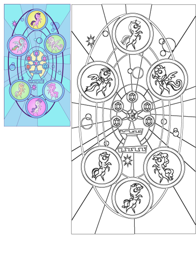 An image of My Little Pony as a zodiac sign with many different symbols. Features ponies in circles with gems and a star in the center.