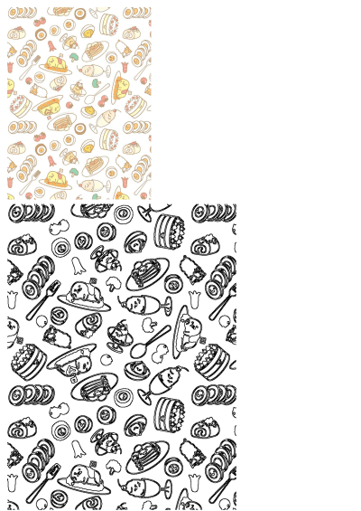 A playful food pattern featuring Gudetama eggs, cake, desserts, and pancakes on a white background. A bunch of foods with orange and yellow colors.