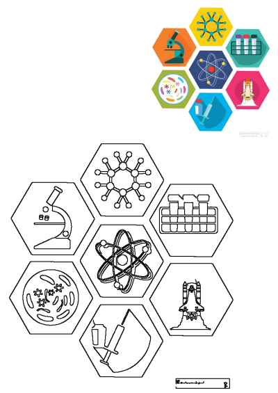 Colorful science icons featuring a microscope, molecule, atom, test tubes, space shuttle, Petri dish, and vaccine, from classroom clipart.