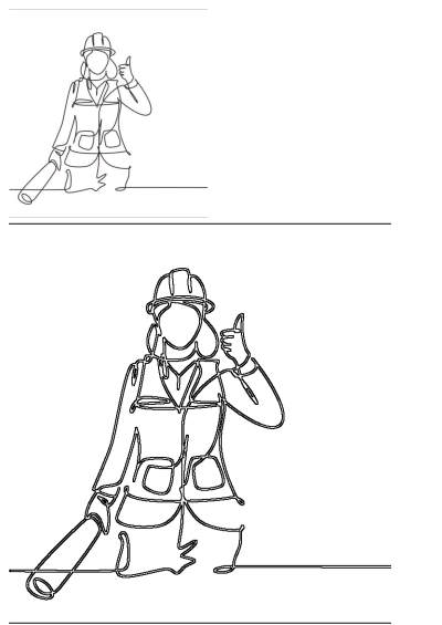 Drawing of a woman in construction gear holding a wrench and pointing to the side, showcasing women in skilled trades.