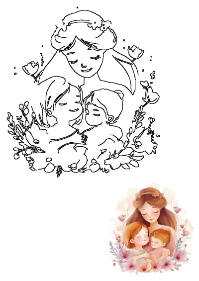 Watercolor art: A mother lovingly holds her two children, surrounded by pink flowers. Image says 'Mom'. Warm, tender, and heartfelt illustration.