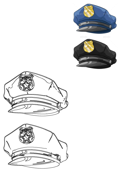 Two police hats, one blue and the other black, each adorned with shiny gold Sheriff emblems. Cartoon style illustration, law enforcement.