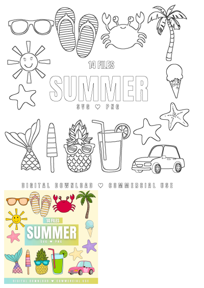 Summer clipart set featuring beach and pool party items like sunglasses, flip-flops, crab, palm tree, and more for fun summer vibes.