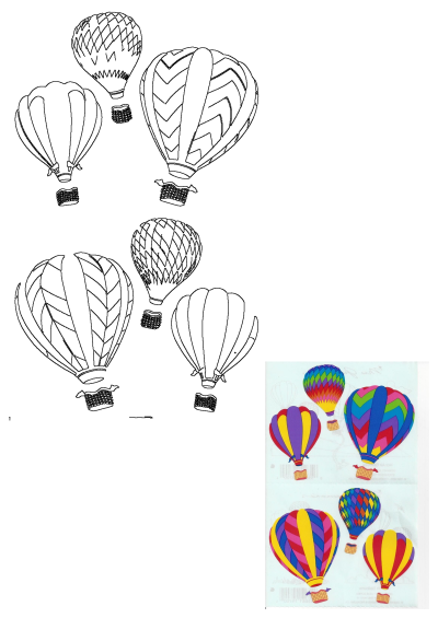 Image features four hot air balloons in different colors, showcasing a vibrant sticker sheet with unique designs.