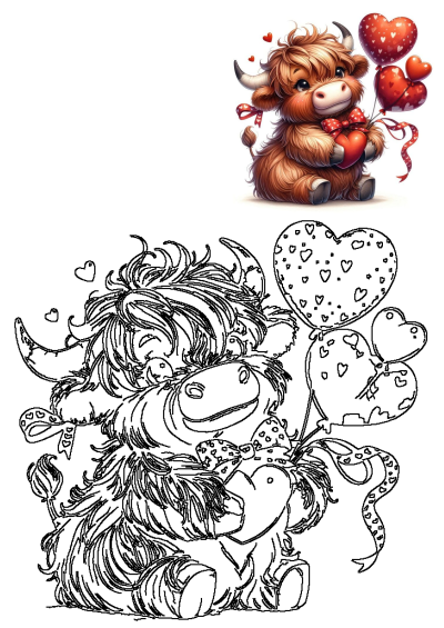 A cute cow sitting on hearts with balloons, perfect for Valentine's Day. This adorable image captures the spirit of love with a sweet touch.