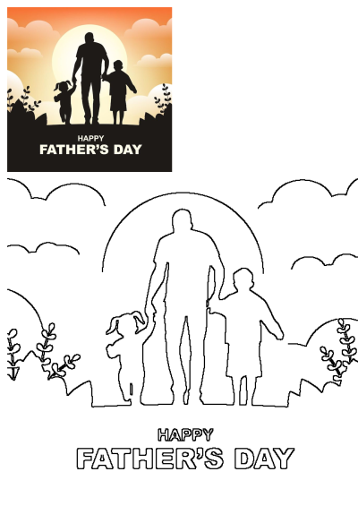 Father's Day card featuring the silhouette of a man holding hands with two children against a sunlit background. Perfect for celebrating dad's day.