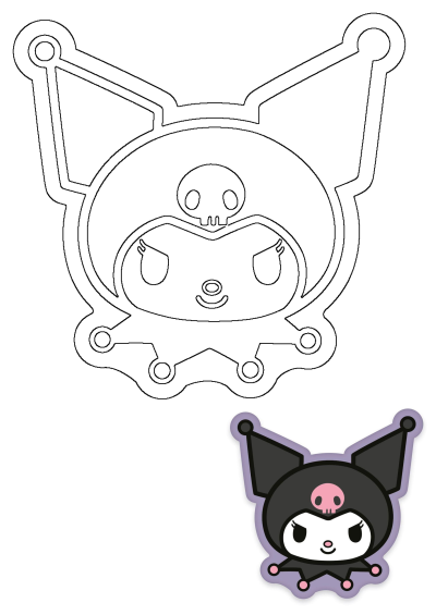 Kuromi sticker with a pink skull on its head and ears, sitting in front of a white background. Cute animal sticker.