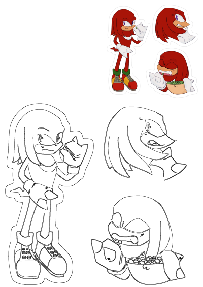 Knuckles vinyl decal sticker set for laptops and cars. Water-resistant stickers of Knuckles from Sonic disliking and eating peas.