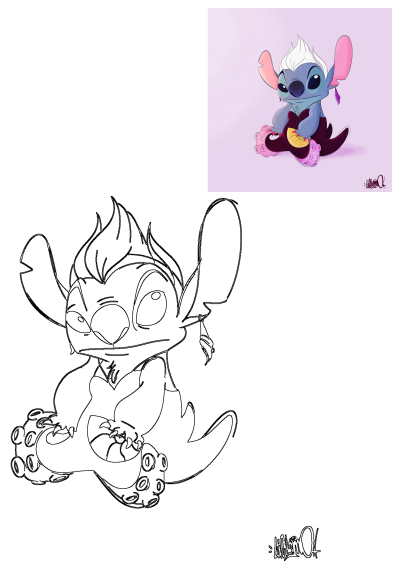 Cartoon character, a Stitch and Ursula fusion, sitting. The character is holding a golden shell. Fan art featuring cartoon character and pink ears.