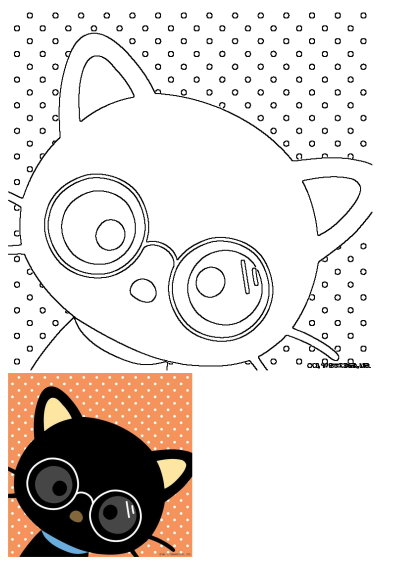 Cartoon of a black cat wearing glasses and a blue collar in front of an orange background with white polka dots. Kawaii character.