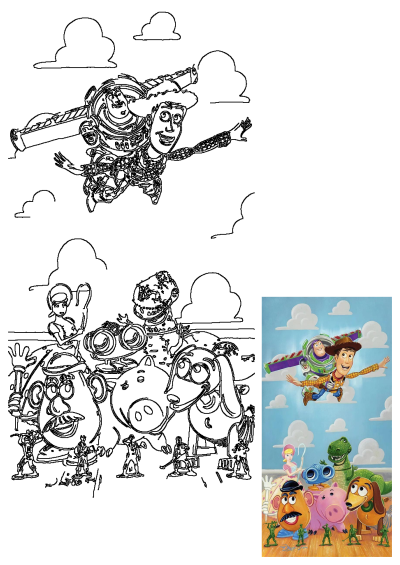 Toy Story cartoon characters Woody and Buzz Lightyear flying through the air with their heads in the air and others underneath.