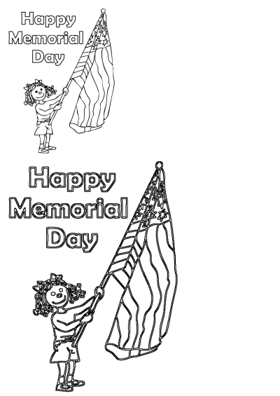 A girl holding an American flag. Happy Memorial Day written in black and white. Coloring page suitable for kids.