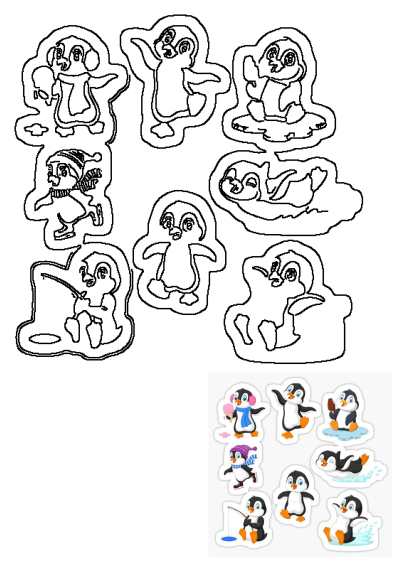 A collection of penguin stickers with different types of penguins. Features cute penguins ice skating, fishing, swimming and enjoying a treat.