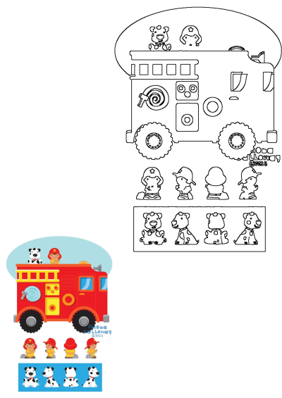 Cartoon fire truck featuring a Dalmatian dog and a firefighter. Alt: A cartoon fire truck with different types of dogs.