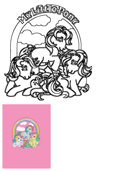 Three cute My Little Ponies are sitting together against a bright pink background with the words 'My Little Pony' above them in a rainbow.