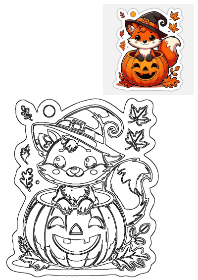 Cartoon fox sitting on a pumpkin with a witch hat. Cute Halloween sticker of an adorable fox hiding inside a carved pumpkin.