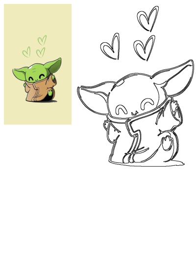 Adorable Baby Yoda cartoon with three hearts floating above. This sweet and appealing artwork showcases a cute character with love.